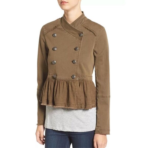 Free People Ruffle Hem Military Jacket Olive Green size S - Picture 2 of 15